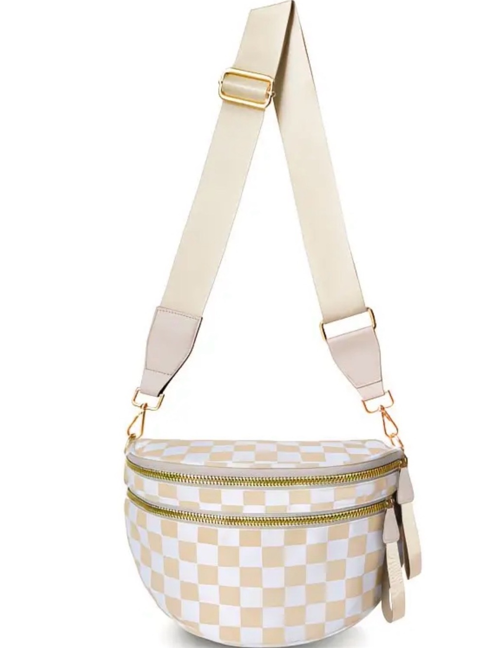 Cream Checkerboard Crossbody Belt Bag with Gold Hardware